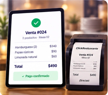 Ilustración de venta confirmada junto a impresora de tickets