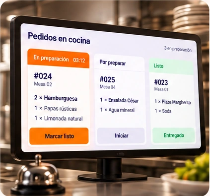 Ilustración del monitor de cocina KDS con comandas por preparar, en preparación y listas
