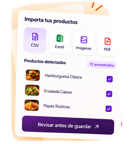Ilustración conceptual del importador de productos CSV, Excel, imágenes y PDF con revisión previa